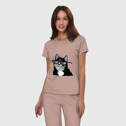 Женская пижама Pixel coot cat in glasses / Пыльно-розовый – фото 3