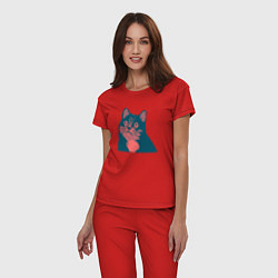 Пижама хлопковая женская Vintage pixel cat, цвет: красный — фото 2