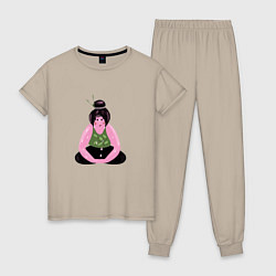 Пижама хлопковая женская Толстушка-йогиня, цвет: миндальный