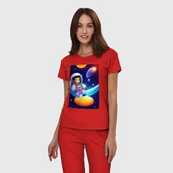 Пижама хлопковая женская Мультяшный астронавт, цвет: красный — фото 2