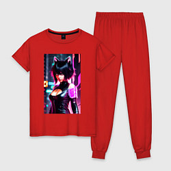 Пижама хлопковая женская Cat girl - neural network, цвет: красный