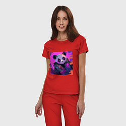 Пижама хлопковая женская Аниме панда в лучах неона, цвет: красный — фото 2