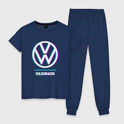 Пижама хлопковая женская Значок Volkswagen в стиле glitch, цвет: тёмно-синий