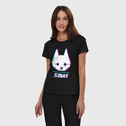 Пижама хлопковая женская Stray в стиле glitch и баги графики, цвет: черный — фото 2