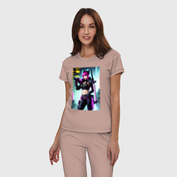 Пижама хлопковая женская Девчонка-кошка - кибер-самурай, цвет: пыльно-розовый — фото 2