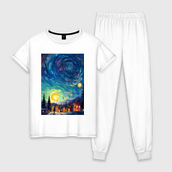 Пижама хлопковая женская Ночной пейзаж в стиле Ван Гога, цвет: белый