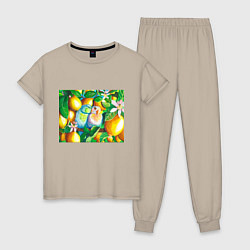 Пижама хлопковая женская Попугаи в лимонах, цвет: миндальный