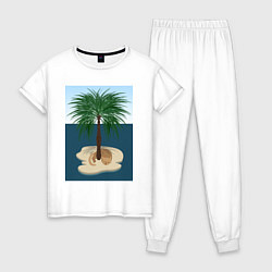 Пижама хлопковая женская Кот под пальмой на острове, цвет: белый