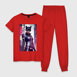 Пижама хлопковая женская Крутая кисуля - киберпанк - нейросеть, цвет: красный