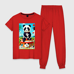 Пижама хлопковая женская Панда на постаменте - сюрреализм, цвет: красный
