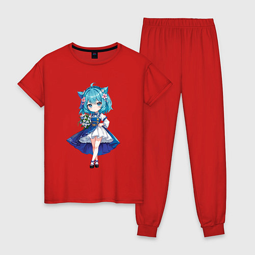 Женская пижама Аниме девушка-кошка в синем платье с букетом цвето / Красный – фото 1