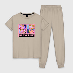 Пижама хлопковая женская Blackpink участницы, цвет: миндальный