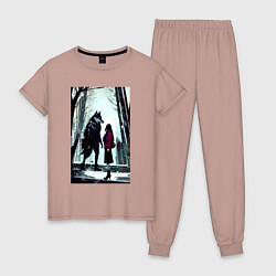 Пижама хлопковая женская Девушка и волк в ботинках, цвет: пыльно-розовый