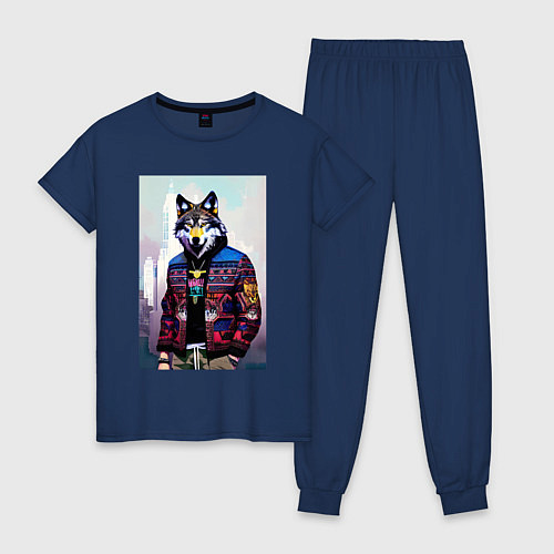 Женская пижама Модный волчара - житель Нью-Йорка - нейросеть / Тёмно-синий – фото 1