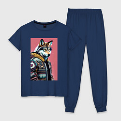 Пижама хлопковая женская Волк следящий за модой - нейросеть, цвет: тёмно-синий