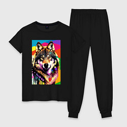 Пижама хлопковая женская Красочный волк - поп-арт - нейросеть, цвет: черный