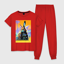 Пижама хлопковая женская Заяц из будущего - нейросеть, цвет: красный