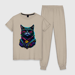 Пижама хлопковая женская Панк кот в очках, цвет: миндальный