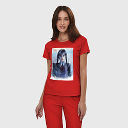 Пижама хлопковая женская Акварельный портрет Уэнсдей, цвет: красный — фото 2