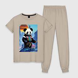 Пижама хлопковая женская Панда на берегу озера - нейросеть, цвет: миндальный