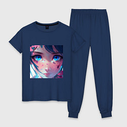 Пижама хлопковая женская Голубые глаза аниме, цвет: тёмно-синий