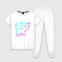Пижама хлопковая женская Неоновая котейка, цвет: белый