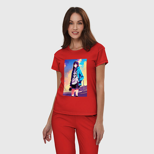 Женская пижама Прикольная девчонка с черепом на футболке - аниме / Красный – фото 3