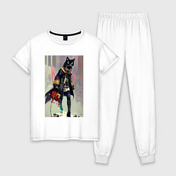 Пижама хлопковая женская Чёрная кисуля - городская модница - живопись, цвет: белый