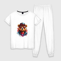 Пижама хлопковая женская Модный медведь в кепке и в очках, цвет: белый