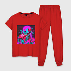 Пижама хлопковая женская Неоновый скелет зомби, цвет: красный