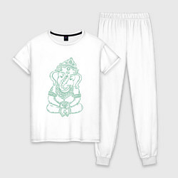 Пижама хлопковая женская Ганеша зеленый лайн, цвет: белый