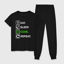 Пижама хлопковая женская Eat Sleep Code Repeat, цвет: черный