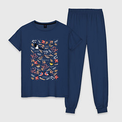 Пижама хлопковая женская Зимующие птицы, цвет: тёмно-синий