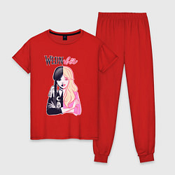 Пижама хлопковая женская Уэнсдей и Барби - сплит, цвет: красный