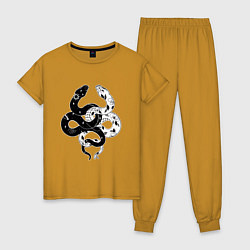 Пижама хлопковая женская Змеи инь и янь - черное белое, цвет: горчичный