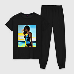 Пижама хлопковая женская Отдыхающая в купальнике, цвет: черный