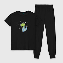 Пижама хлопковая женская Мультяшный динозавр космонавт в скафандре, цвет: черный