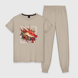 Пижама хлопковая женская Christmas red dragon, цвет: миндальный