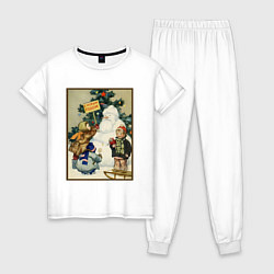 Пижама хлопковая женская Ретро открытка с новым годом, цвет: белый