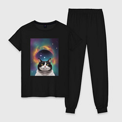 Пижама хлопковая женская Мечтательный космический котик, цвет: черный