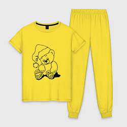Пижама хлопковая женская Мишка игрушечный в колпаке деда Мороза - раскраска, цвет: желтый
