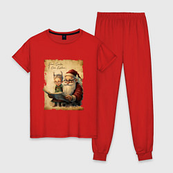 Пижама хлопковая женская Санта и Эльф, цвет: красный