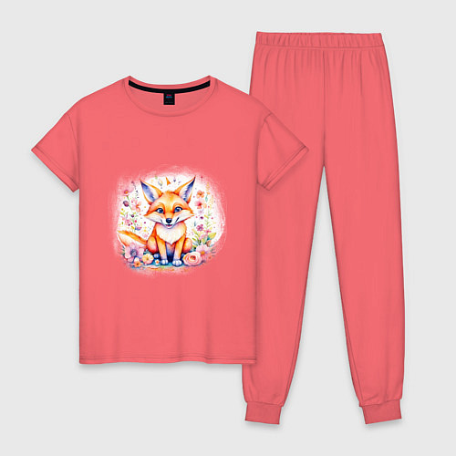 Женская пижама Милый большеухий лисенок сидит в цветах / Коралловый – фото 1