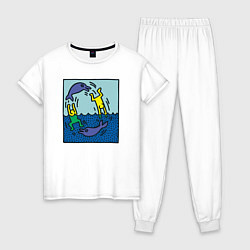 Пижама хлопковая женская Человечки и дельфины, цвет: белый