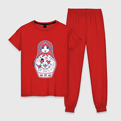 Пижама хлопковая женская Матрешка с красным петухом по мотивам мезенской ро, цвет: красный