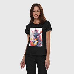 Пижама хлопковая женская Chilling guitar cat, цвет: черный — фото 2