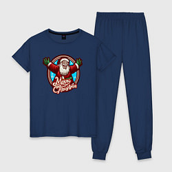 Пижама хлопковая женская Радостный Санта, цвет: тёмно-синий