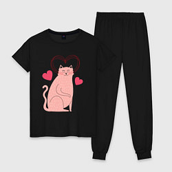 Пижама хлопковая женская Влюблённая кошечка, цвет: черный