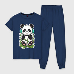 Пижама хлопковая женская Медвежонок панды в наушниках, цвет: тёмно-синий
