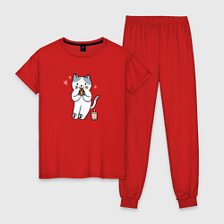 Пижама хлопковая женская Кот с пиццей, цвет: красный